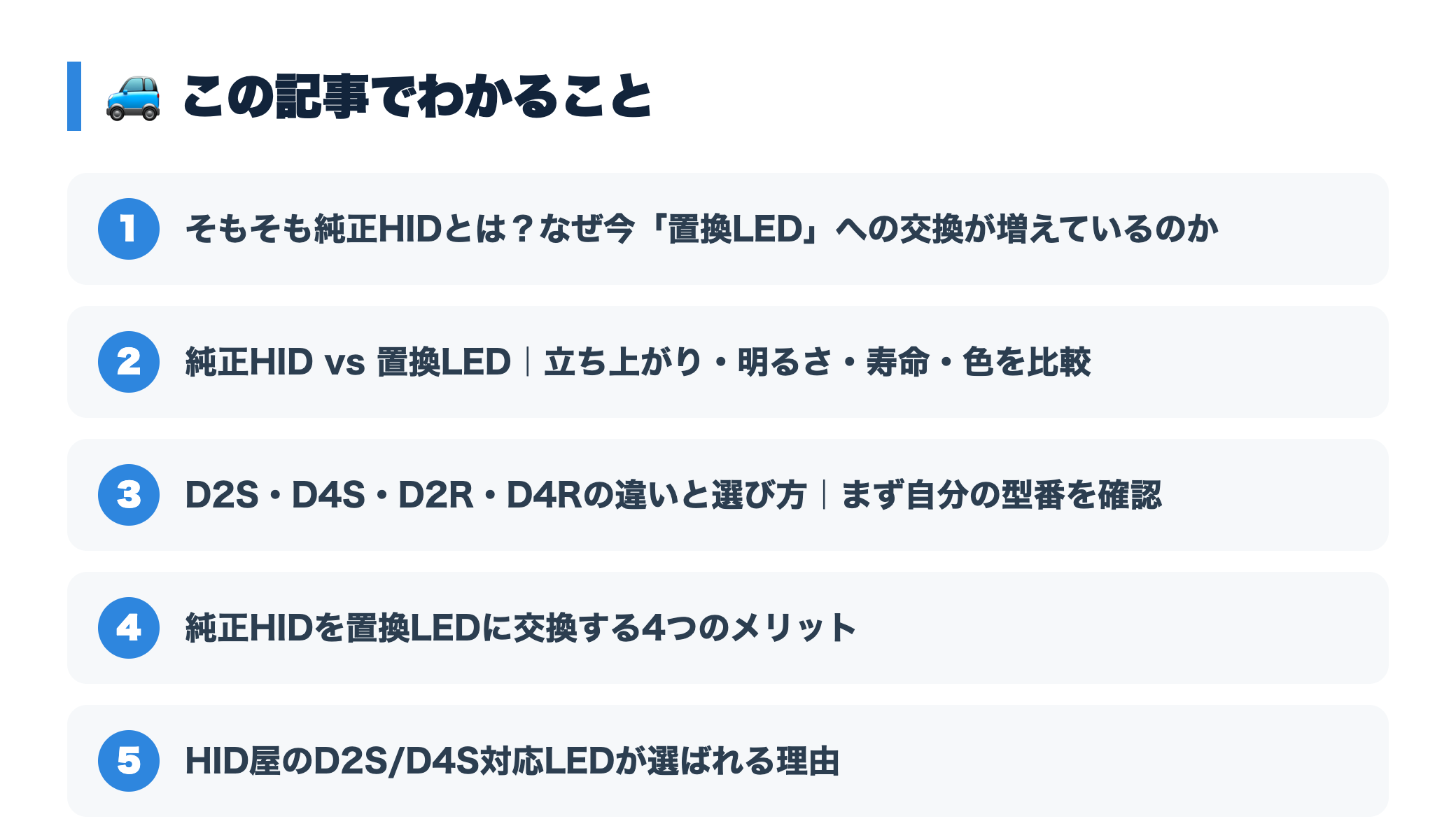 HID屋のD2S/D4S純正HID置換LED｜ポン付けで明るく車検対応 『この記事でわかること』図